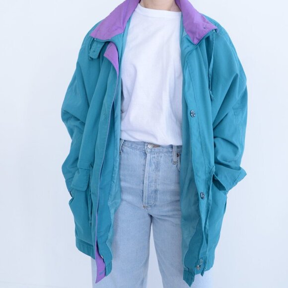 Vintage Milano Teal w Purple Trim Utility Zip Up Lined Spring 90's Jacket 18W - Picture 1 of 11